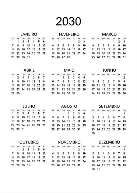Calendário 2030